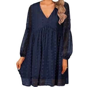 Navy Clip Dot Babydoll Mini Dress Small Romantic Long Sleeve